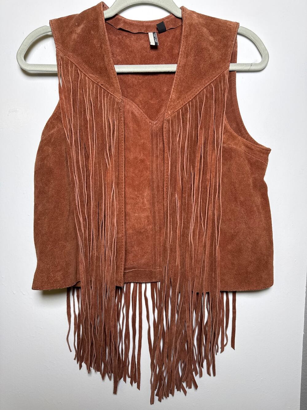 Topshop Genuine Suede Leather Fringe Vest Brown Western Boho Sleeveless Size 4